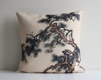 Pine Branches Chinoiserie Throw Pillow Cover - Plants Asian Decor Cushion Cover, Exotic Oriental Leaves Pillow Case 18x18 20x20 16x16
