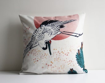 Ancient Painting Japanese Crane and Pine Tree Throw Pillow Cover - Asian Style Cushion Cover, Bird Decor Pillow Case 18x18 20x20 16x16 Gift