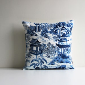 Chinois Blue Pavilion Chinoiserie Throw Pillow Cover - Chinoise Exotique Scenic Cushion Cover, Old Fashion 18x18 20x20 Printed Pillow Case