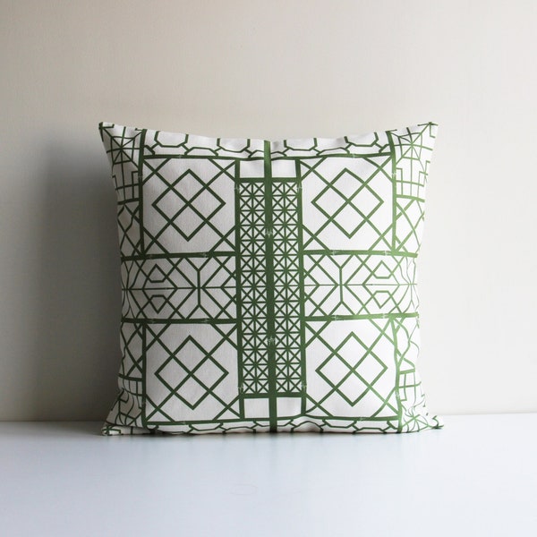 Green Chinoiserie Geometric Throw Pillow Cover - Asian Bamboo Window Design Cushion Cover - Old Fashion Pillow Case 16x16 18x18 20x20 24x24