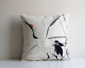 Ancient Painting Japanese Crane and Pine Tree Throw Pillow Cover - Asian Style Cushion Cover, Bird Decor Pillow Case 18x18 20x20 16x16 Gift