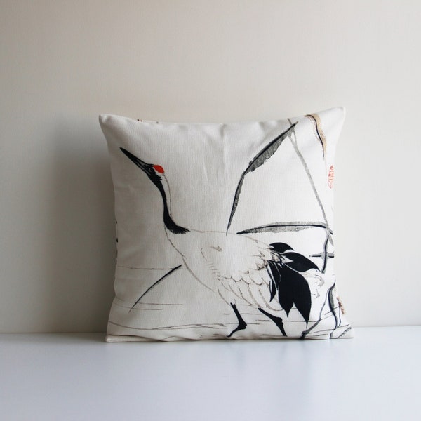 Ancient Painting Japanese Crane and Pine Tree Throw Pillow Cover - Asian Style Cushion Cover, Bird Decor Pillow Case 18x18 20x20 16x16 Gift