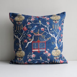 Navy Chinoiserie Pavilion Throw Pillow Cover - Pagoda Cushion Cover Classic Yellow Lantern 18x18 45x45cm 20x20 Decorative Pillow Case