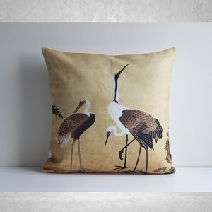 Three Cranes Next to Rock Throw Pillow Cover - Japanese Style Decor Cushion Cover, Asian Birds Decor Pillow Case 18x18 20x20 16x16