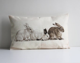 Three bunnies Ancient Pattern Printed Lumbar Throw Pillow Cover - Rabbit Decorative Cushion Cover, Animal Pillow case 20"x12" inch . 50x30cm