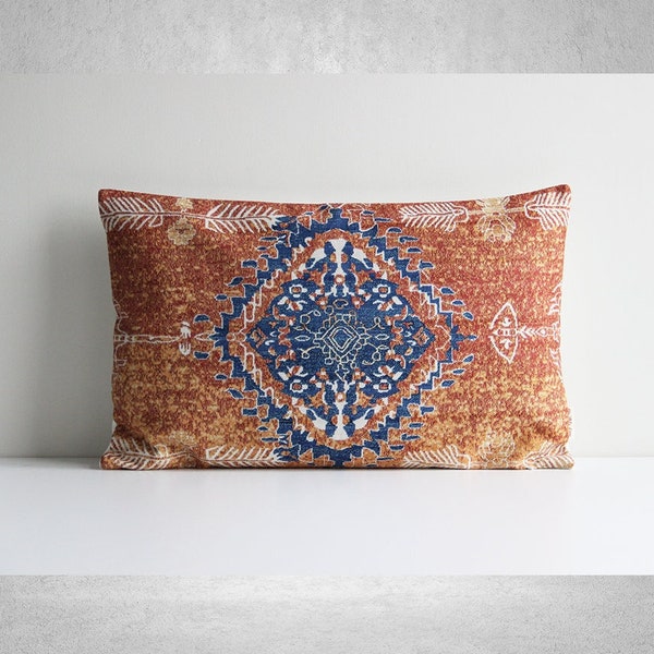 Orange Blue Bohemian Geometric Lumbar Throw Pillow Cover - Boho Decor Cushion Cover, Turkey India Exotic Pillow case 12x20inches  30x50cm