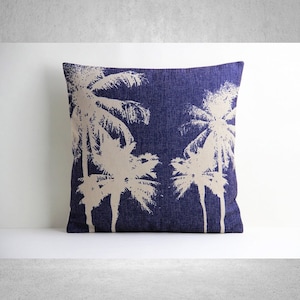 Deep Purple Blue Palm Trees Throw Pillow Cover, Tropical Decor Cushion Cover 18x18 20x20 50x50cm 45x45cm, Palm Pillow Case For Decoration