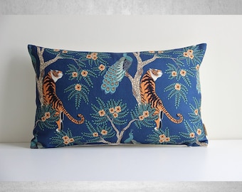 Tiger and Peacock Lumbar Throw Pillow Cover 12x20 12x24 14x36 Custom Size, Jungle Animal Extra Long Lumbar Size Cushion Cover Custom Gifts