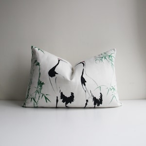 White Cranes Green Bamboo Pillow Cover - Asian Style Decorative Cushion Cover, Chinoiserie Bird Pillow Case 50x30cm 12x20 16x24 Pillow Cover