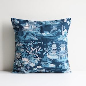 Navy Blue Chinoiserie Pagoda Pillow Cover – Asian Style