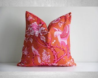 Orange Toile Art Pillow Cover - Chinoiserie Maximalist Pillow Cover 18"x18" 45x45cm 20"x20" 50x50cm Birds Floral Cushion Cover, Bold Decor