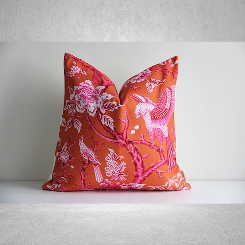 Orange Toile Art Pillow Cover - Chinoiserie Maximalist Pillow Cover 18"x18" /45x45cm 20"x20" /50x50cm Birds Floral Cushion Cover, Bold Decor