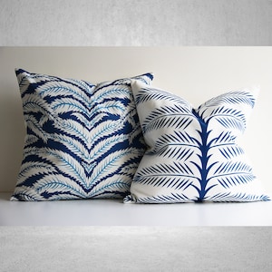 Navy Blue Botanical Pillow Cover 18x18 20x20 45x45cm, Tropical Plants Pillow Case, Botanical Palm Cushion Cover, Blue Leaf Pillow Cover