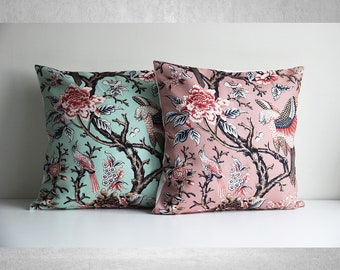 Birds and Florals Chinoiserie Throw Pillow Cover - Exotique Asian Maximalist Cushion Cover, Chinoiserie 18x18 20x20 Pillow Case