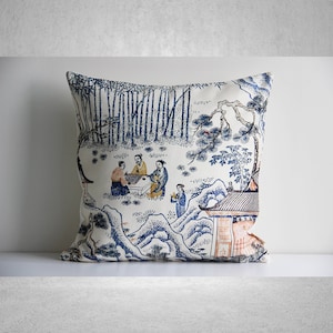 Ming Dynasty Story Scene Chinoiserie Throw Pillow Cover - Chinoise Exotique Scenic Cushion Cover, Old Fashion 18x18 20x20 Pillow Case