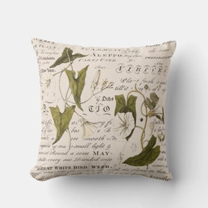 Botanical Description with Plants and Writings Throw Pillow Cover - Nature Plants Cushion Cover Beige BG 18x18 20x20 16x16 Pillow Cover