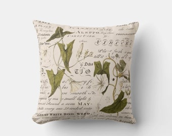 Funda de cojín con estampado botánico – Diseño vintage de plantas y letras