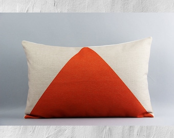 Burnt Orange Geometric Lumbar Pillow Cover - Rectangle Decor Cushion Cover, Orange Triangle Pattern Pillow Case, 20x12 Linen Cotton Gifts