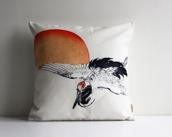 Ancient Painting Japanese Crane Throw Pillow Cover - Asian Style Decorative Cushion Cover, Bird Decor Pillow Case 18x18 20x20 16x16 Gift