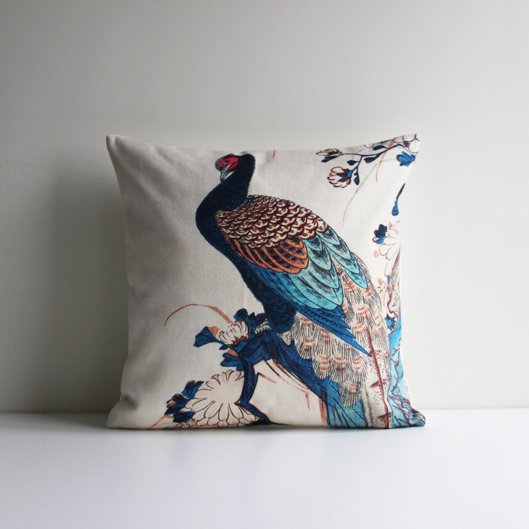 Blue Peacock Throw Pillow Cover Blue Decor Cushion Cover Birds Decor Pillow Case 18x18 20x20 16x16