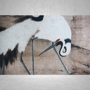 May include: A white crane with black and red markings is depicted in a traditional Japanese painting style. The crane is standing on a brown background with its head bent down.
