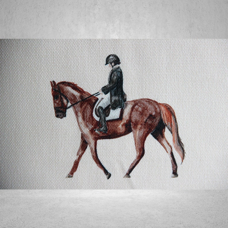 May include: A watercolour painting of a brown horse with a rider wearing a black helmet and jacket. The horse is in motion, with its legs extended. The background is a light beige.