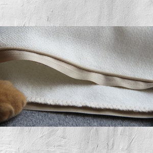 May include: Close-up of a white zippered pillow cover with a beige zipper and a white fleece lining. The zipper is open and the fleece lining is visible.