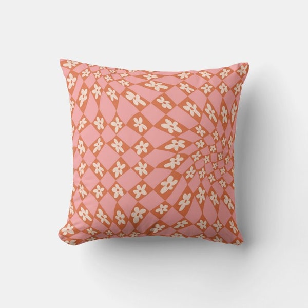 Daisy Checker Throw Pillow Cover - Nature Flower Farmhouse Decor Cushion Cover, Orange Pink Throw Pillow Cover 45x45cm 18x18 20x20