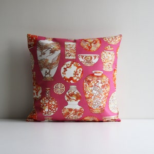 Pink Orange Chic Vases Chinoiserie Throw Pillow Cover - Chinoise Exotique Scenic Cushion Cover 18x18 20x20 Pillow Case