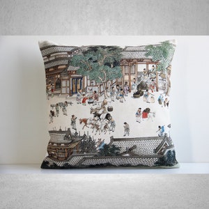Urban Street View Song Dynasty Chinoiserie Throw Pillow Cover - Chinoise Exotique Scenic Cushion Cover, Old Fashion 18x18 20x20 Pillow Case