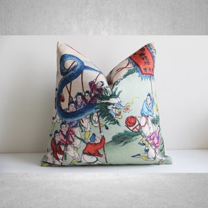 Traditional Dragon Dance Chinoiserie Throw Pillow Cover - Original Design Cushion Cover, Asian Decor Pillow Case 18x18 20x20 16x16