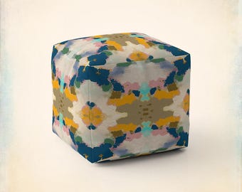 Abstract Navy & Orange Cube Pouf Cover: Washable, Extra Seating, Ottoman Footstool Cover