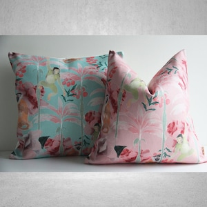 Turquoise / Pink Macaque Tropical Throw Pillow Cover - Monkey Decor Cushion Cover, Tropical Jungle 18x18 20x20 16x16 24x24 Palm Pillow Cover