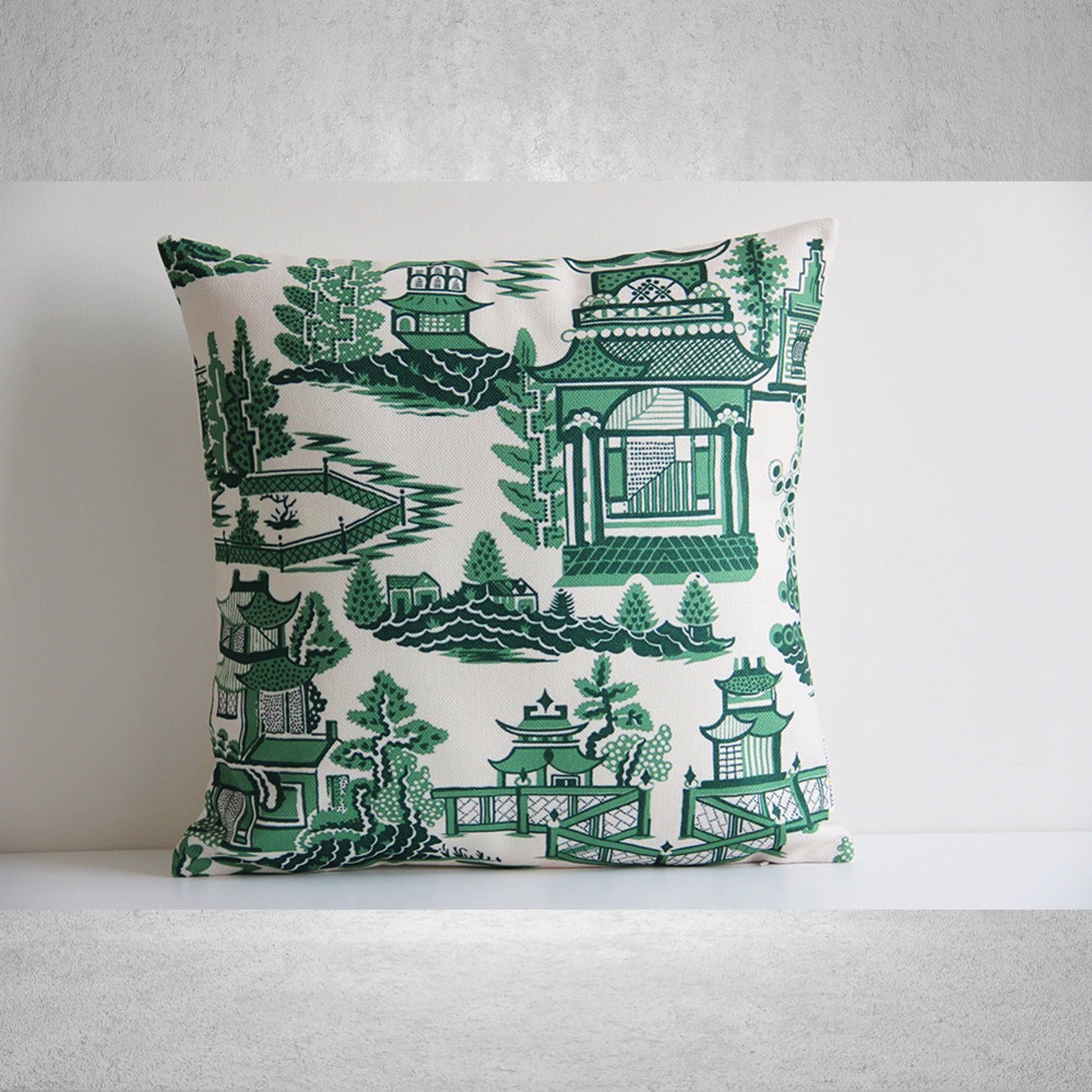 Green / Blue Chinoiserie Courtyard Throw Pillow Cover Etsy UK