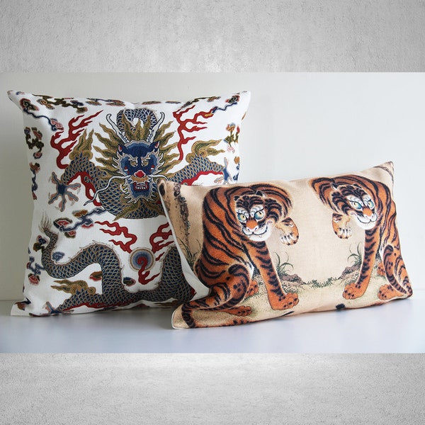 Dragon/ Tiger Pillow Cover 18x18 20x20 16x16 26x26 45x45cm, Painting Chinoiserie Cushion Cover, Oriental Asian Exotic Pillow Cover