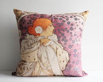 Mucha Art Nouveau Throw Pillow Cover: Designer Accent Cushion Cover