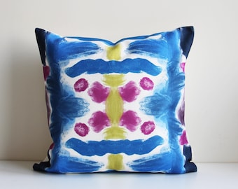 Blue Pink Yellow Abstract Art Pillow Cover - Colorful Prints, Maximalist Eclectic Decor