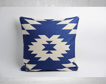 Kilim Blue Geometric Decorative Throws Pillow covers, Southwestern Cotton Linen Decor Pillow cases 18x18 20x20 cushion covers, Lumbar Gifts