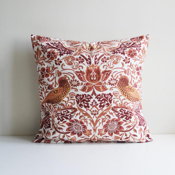 William Morris Strawberry Thief Throw Pillow Cover: Orange Red