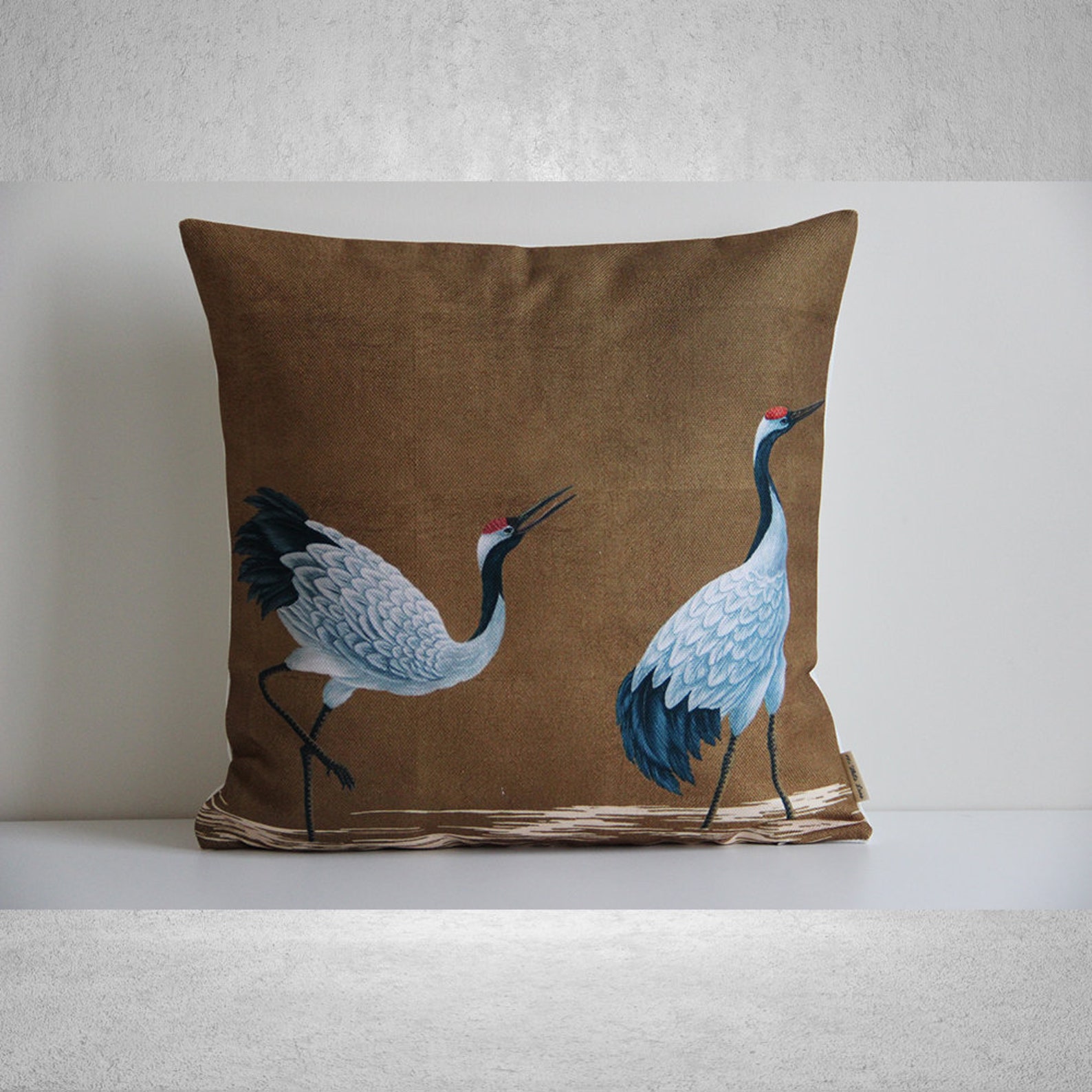 Two Cranes Throw Pillow Cover Japanese Style Decorative Etsy