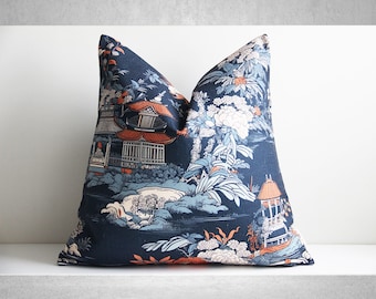 Orange Navy Chinoiserie Pavilion Throw Pillow Cover - Pagoda Cushion Cover, Classic Asian View 18x18 45x45cm 20x20 Decorative Pillow Case