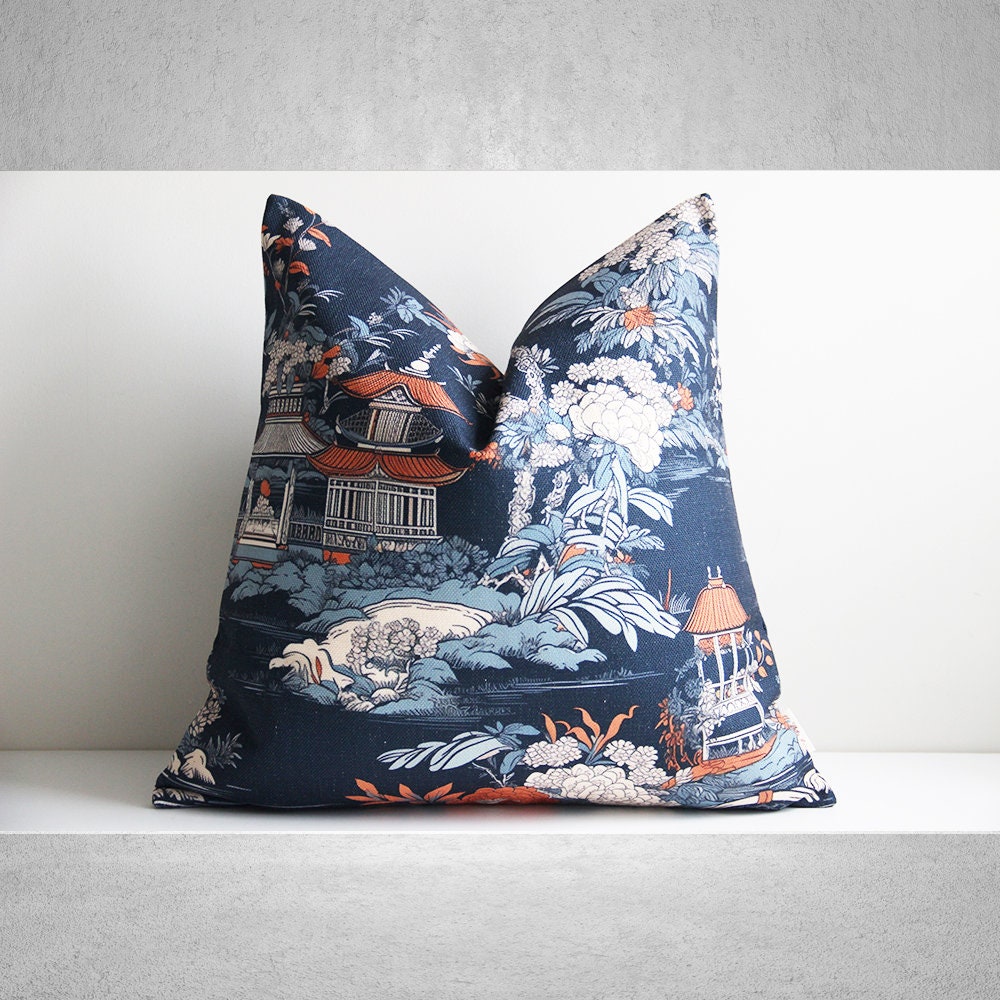 Orange Navy Chinoiserie Pavilion Throw Pillow Cover - Pagoda Cushion Cover, Classic Asian View 18x18 45x45cm 20x20 Decorative Pillow Case