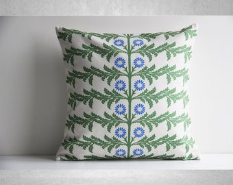 Scandi Green Branch & Blue Flower Throw Pillow Cover - Plants Decor Cushion Cover, Forests Leaves Pillow Case 18x18 20x20 16x16 Pillow Cover