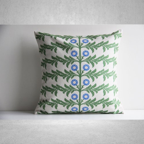 Scandi Green Branch & Blue Flower Throw Pillow Cover - Plants Decor Cushion Cover, Forests Leaves Pillow Case 18x18 20x20 16x16 Pillow Cover