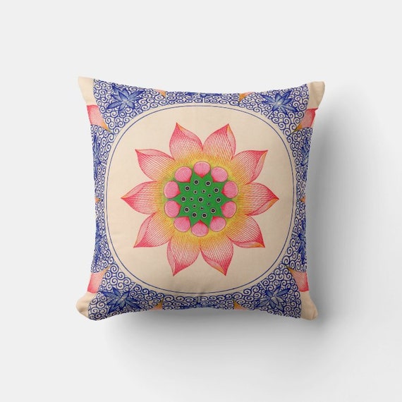 Lotus Chinoiserie Throw Pillow Cover - Oriental Exotique Cushion
