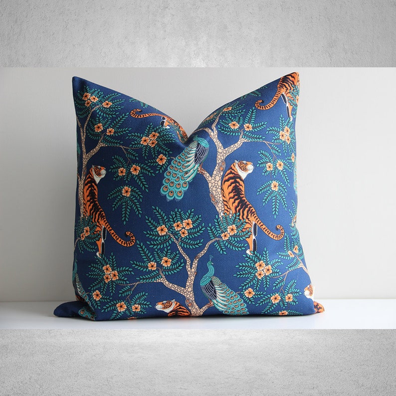 Emerald Green Tiger and Peacock Throw Pillow Cover 18x18 20x20 24x24 , Custom Sizes, Tropical Pillow Case Jungle Animal Cushion Cover Gifts Aegian-blue