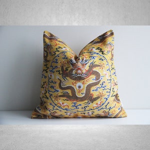 Golden Chinoiserie Dragon Pattern Throw Pillow Cover - Chic Chinoise Exotique Scenic Cushion Cover, Old Fashion 18x18 20x20 Pillow Case