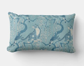 虎と孔雀のライトブルーのクッションカバー - 鳥の装飾的なエレガント