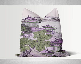 Purple Green Chinoiserie Pillow Cover 18x18 20x20 24x24, Oriental Decor Cushion Cover