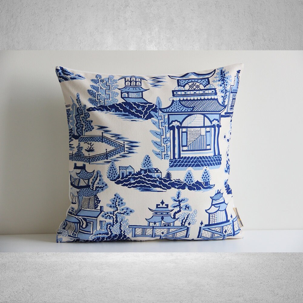 Green / Blue Chinoiserie Courtyard Throw Pillow Cover Etsy UK